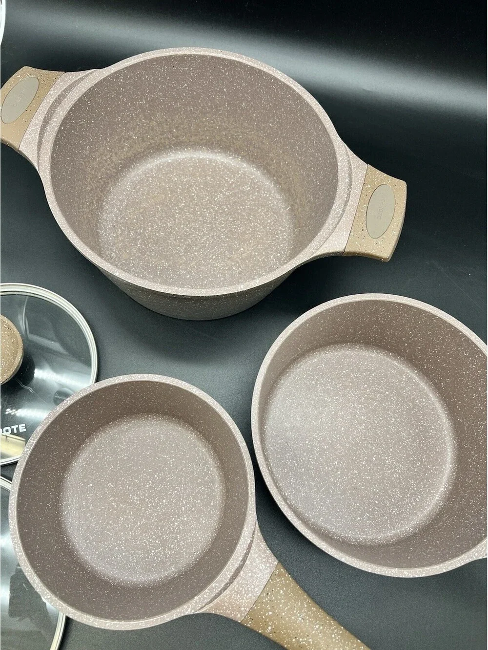 CAROTE Non-Stick Cookware Set, Granite Brown Speckled Saucepans Pots Dutch Crock